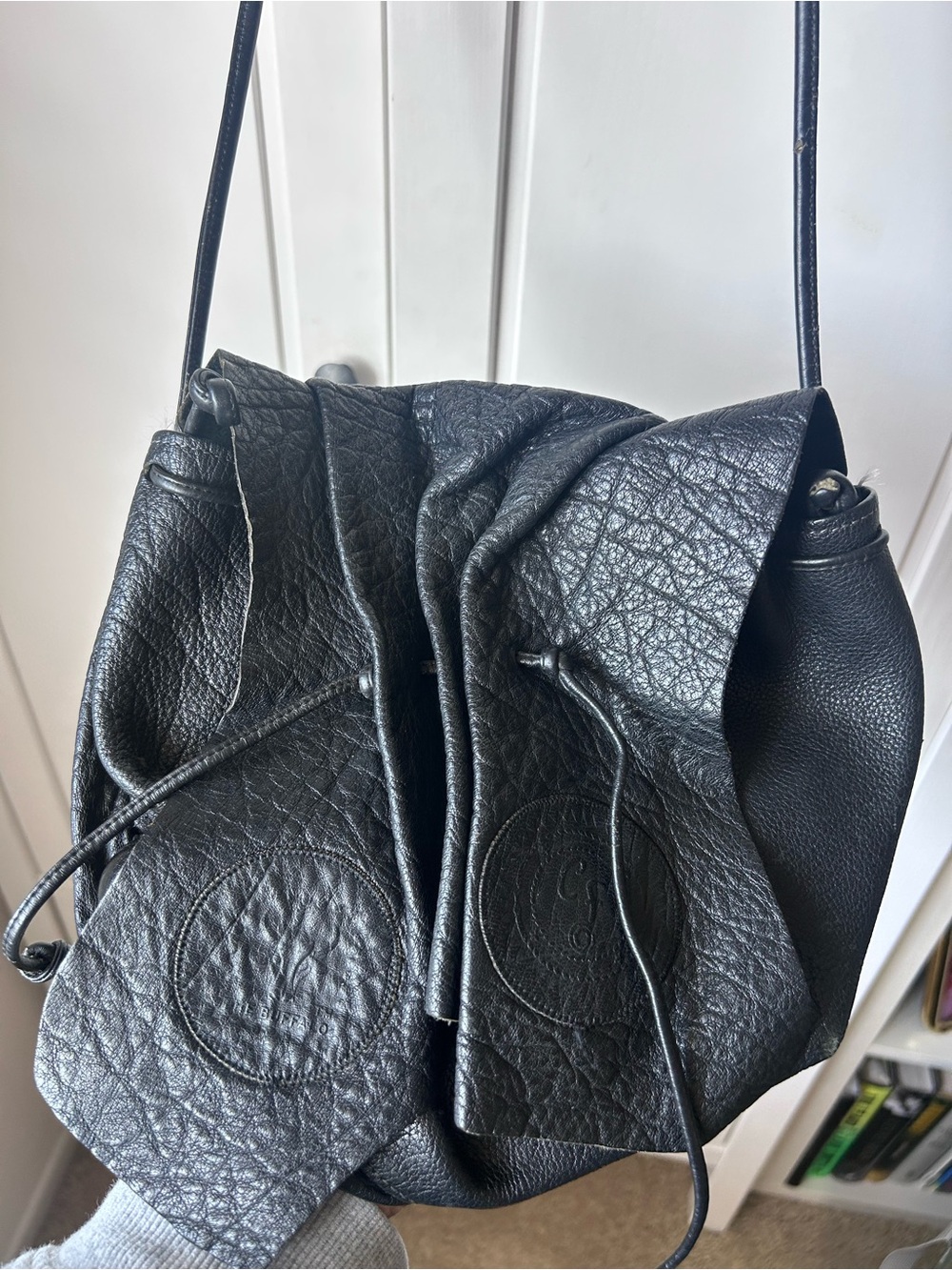 Carlos Falchi Black Pebbled Leather Drawstring Shoulder Bag